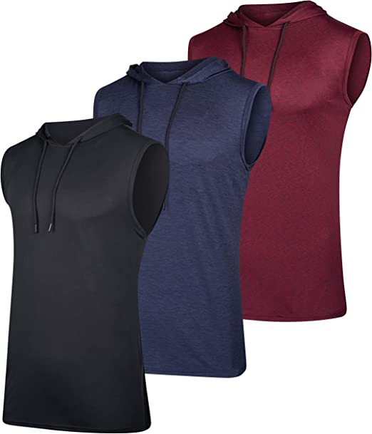 Photo 1 of 3 Pack: Men’s Dry-Fit Active Hooded Tank Top - Workout Sleeveless Hoodie with Drawstring (Size M) 
