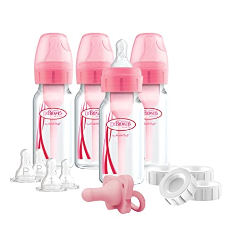 Photo 1 of Dr. Brown's Options+ Slow Flow Preemie and Newborn Anti-Colic Bottle Set with 4oz Bottles and HappyPaci - Pink
