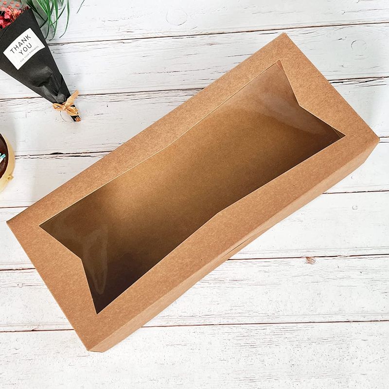 Photo 1 of Brown Pastry Bakery Box 12.5x5.5x2.5inch,Large Donuts,Muffins,Cookies Boxes with PVC Window - Auto-Pop up Paper Box Nature Cardboard Take Out Container,Pack of 15 (Brown,15)
