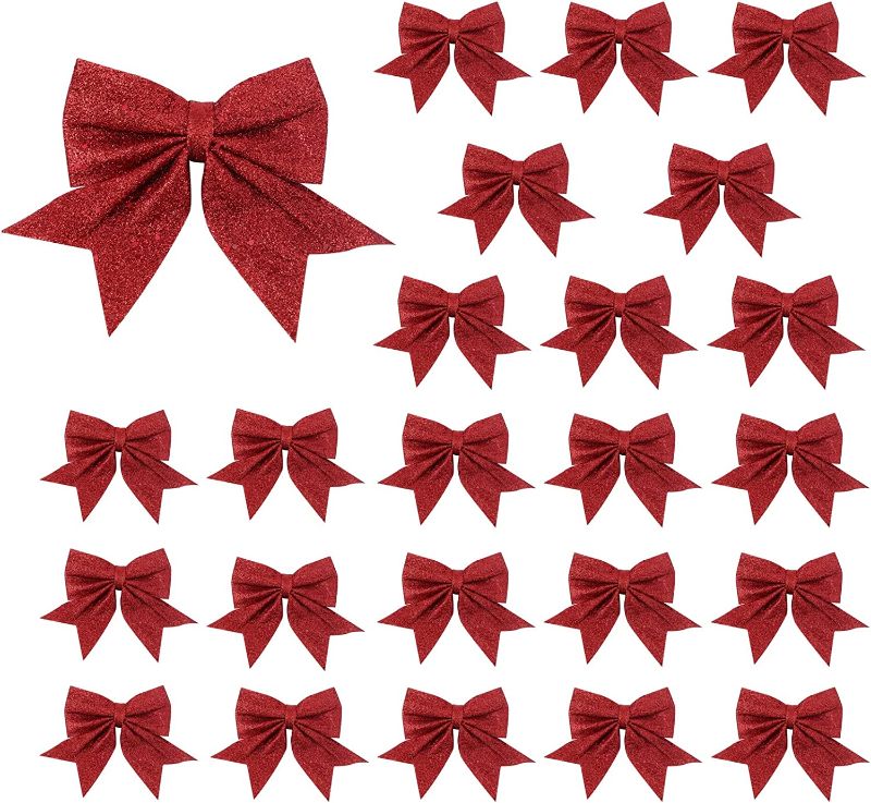 Photo 1 of  24PCS Christmas Bow Decorations,5.5 inch Wreaths Bows Small Christmas Tree Bow Sequin Bow Ties Xmas Bows for Home Christmas Party Ornaments (Red) 