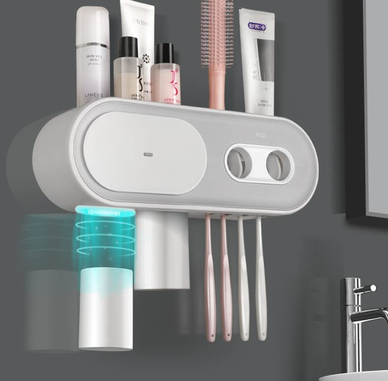Photo 1 of  Double Automatic Toothpaste Dispensers Toothbrush Holder Kit Wall Mounted for Bathroom and Vanity, with 4 Brush Slots 2 Magnetic Cups 1 Cosmetic Drawer Organizer 1 Large Storage Tray 