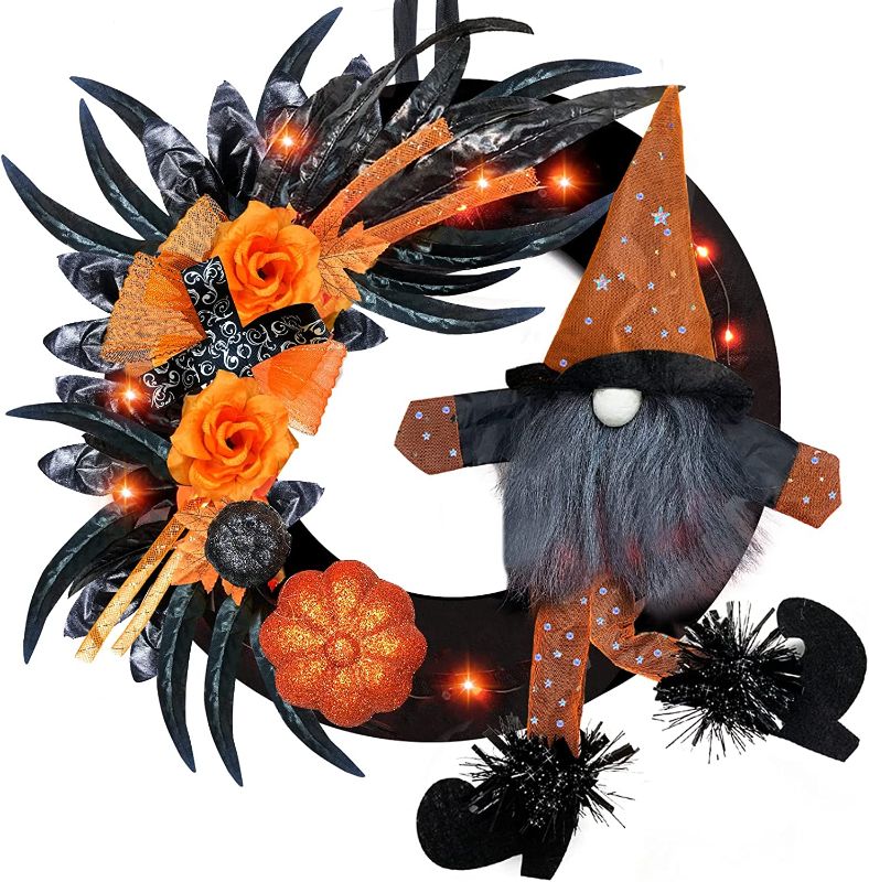 Photo 1 of 16 by 22 Inch Prelit Halloween Witch Gnome Wreath Decor, Orange Lights 20 LED Glitter Pumpkins Rose Mesh Bow Black Feathers Battery Operated Front Door Wreath Halloween Decor Home Indoor Outdoor