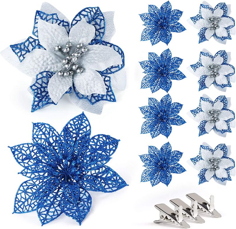 Photo 1 of  ilauke 24Pcs Poinsettias Artificial Christmas Flowers, 6" Glitter Artificial Christmas Flowers with 30 Sliver Clips, for Xmas Tree Ornaments Wedding Party Wreath Decor (Blue) 