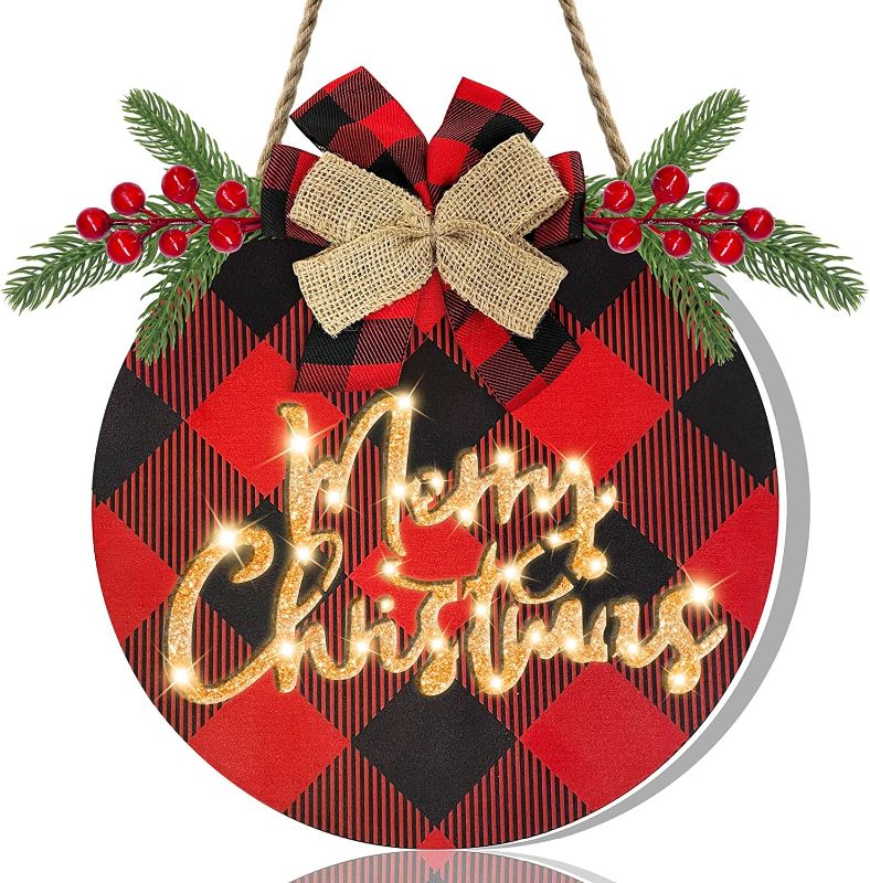 Photo 1 of  [ Lighted & Timer ] Merry Christmas Wreath Sign with Lights for Front Door Xmas Decor Battery Powered Buffalo Plaid Wooden Sign Hanging Porch Window Wall Christmas Decoration Outdoor Indoor Home 