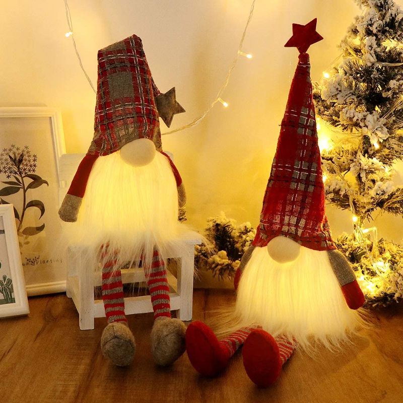 Photo 1 of  GMOEGEFT Scandinavian Christmas Gnome Lights Timer, Swedish Santa Tomte Gnome with Dangling Legs, Set of 2 Nordic Xmas Decoration - 27 x 4.8 Inch (Plaid Pattern) 