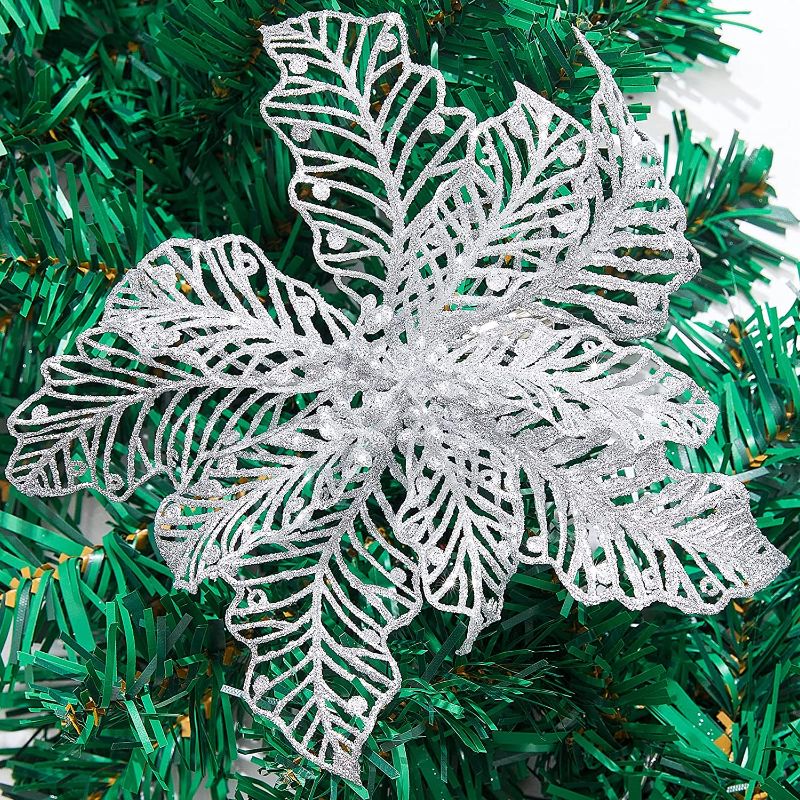 Photo 1 of  15 Pcs Silver Christmas Poinsettia Flowers, 7" Glitter Artificial Christmas Tree Flowers Ornaments with Clips, Xmas Wreath Garland Poinsettia Decorations for Winter Holiday Party - Silver 