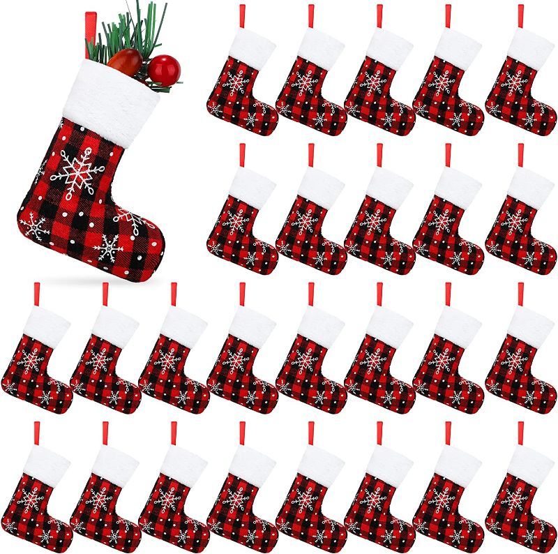 Photo 1 of  Laumoi 60 Pcs Mini Christmas Stockings Bulk 5 Inch Buffalo Plaid Stockings with Snowflake and Plush Cuff Small Xmas Hanging Stocking Ornaments for Christmas Tree Decorations (Black Red) 