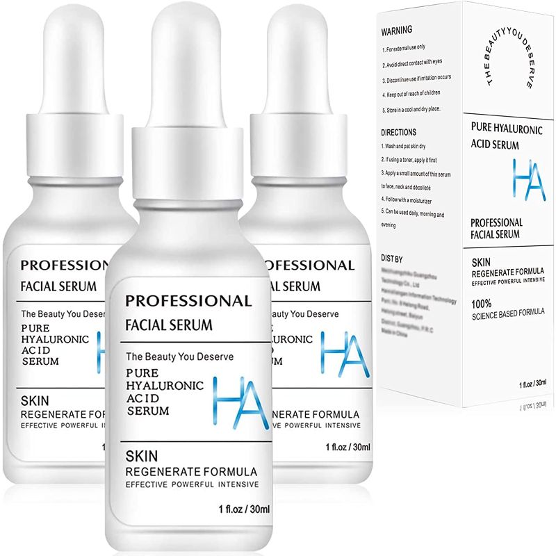 Photo 1 of 3 Pack Pure Hyaluronic Acid Serum for Face, Facial Moisturizer Skincare Fades Wrinkles Repair Brightening Firming Hydrating for Dry Skin (1Fl.Oz/30ml)
