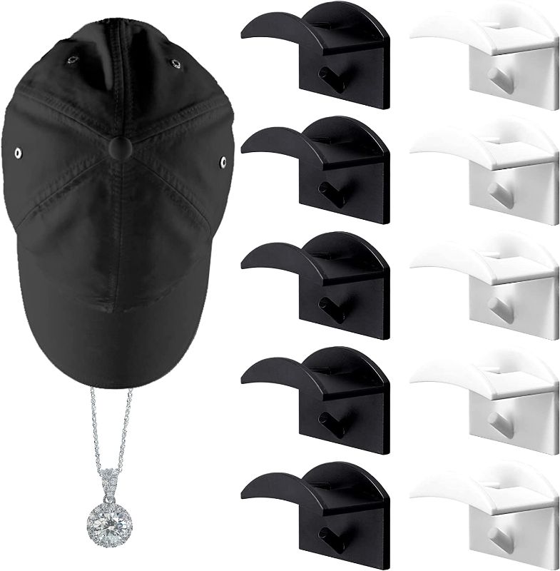 Photo 1 of 10-Pack Adhesive Hat Hooks for Wall, Multi-functional Hat Organizer, Minimalist Hat Rack Design, Wall Mount Hat Organizer No Drilling Strong Hold Hat Hangers for Baseball Hats Display
