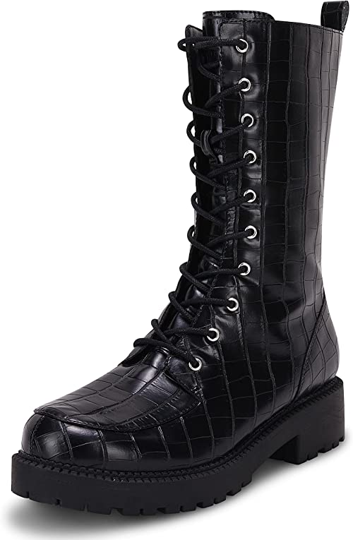 Photo 1 of Coutgo Womens Mid Calf Lace Up Boots Lug Sole Closed Toe Side Zipper Military Winter Combat Boot - 8
