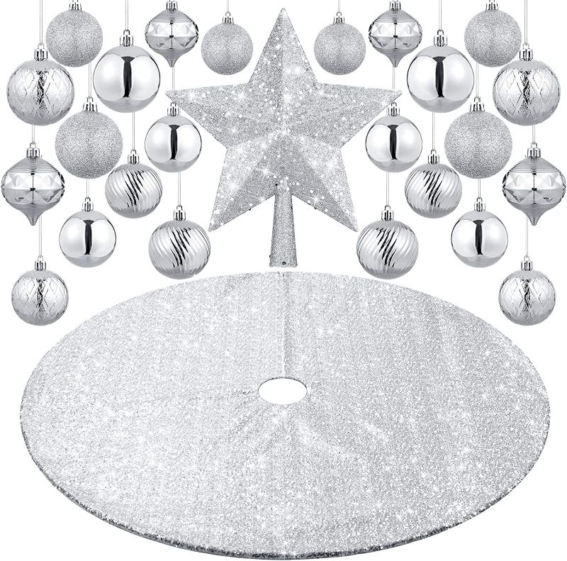 Photo 1 of 27 Pieces Christmas Tree Decoration Set, Christmas Star Tree Topper 25 Christmas Ball Ornaments and 48'' Christmas Sequin Tree Skirt for Holiday Xmas Tree Decoration (Silver)
