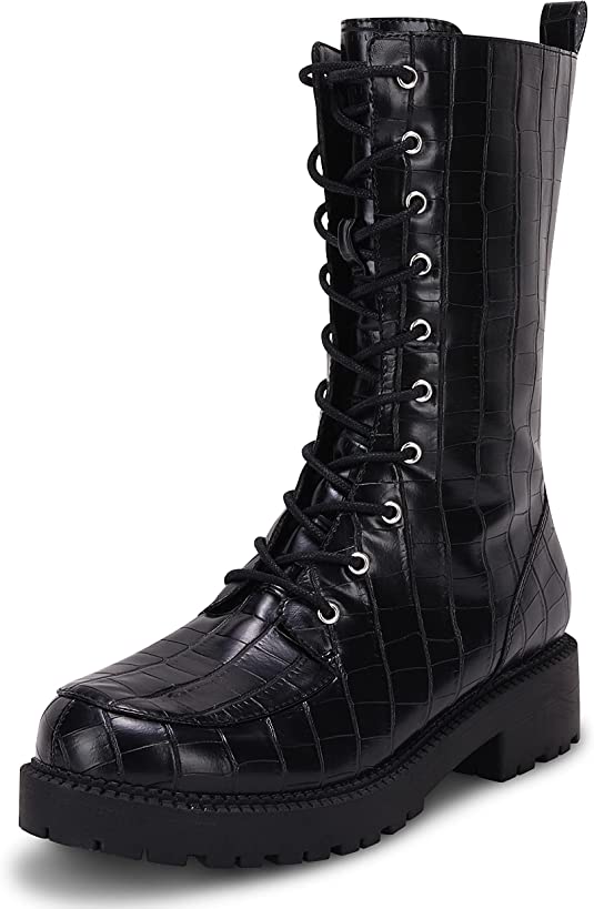 Photo 1 of Coutgo Womens Mid Calf Lace Up Boots Lug Sole Closed Toe Side Zipper Military Winter Combat Boot - 11
