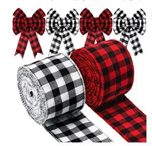 Photo 1 of 2 Rolls Christmas Buffalo Ribbon Plaid Ribbon Wired Edge Ribbons Plaid Burlap Ribbon for Christmas Gift Wrapping Crafts Decoration
