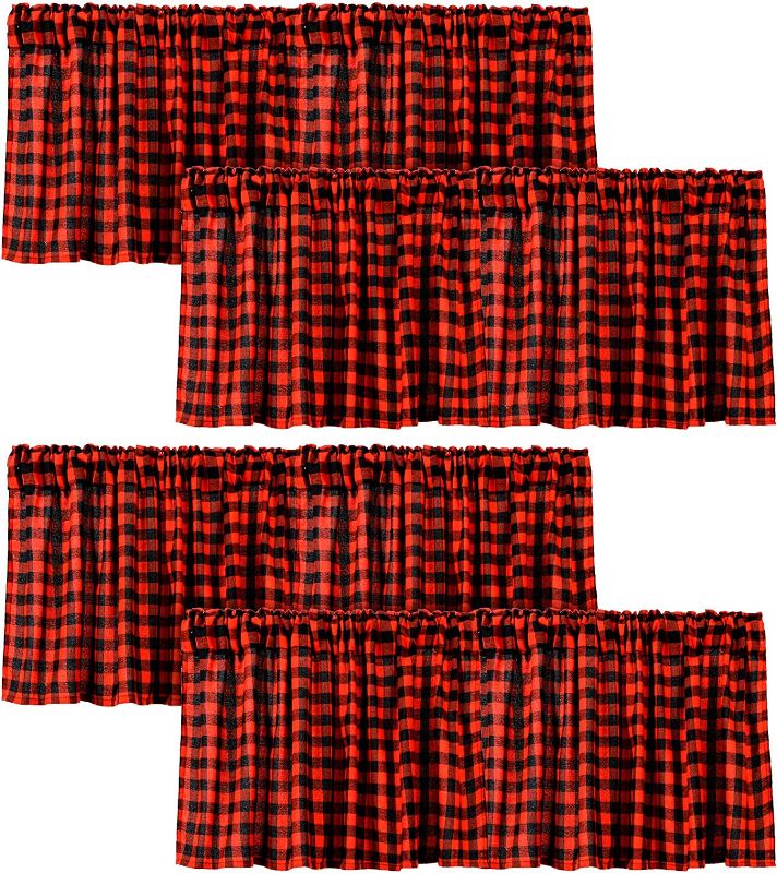 Photo 1 of 4 Pieces Winter Buffalo Plaid Kitchen Curtains Window Curtains and Valance 18 x 52 Inches Kitchen Rod Pocket Valances for Kitchen, Bathroom, Living Room (Small Black and Red Plaid)
