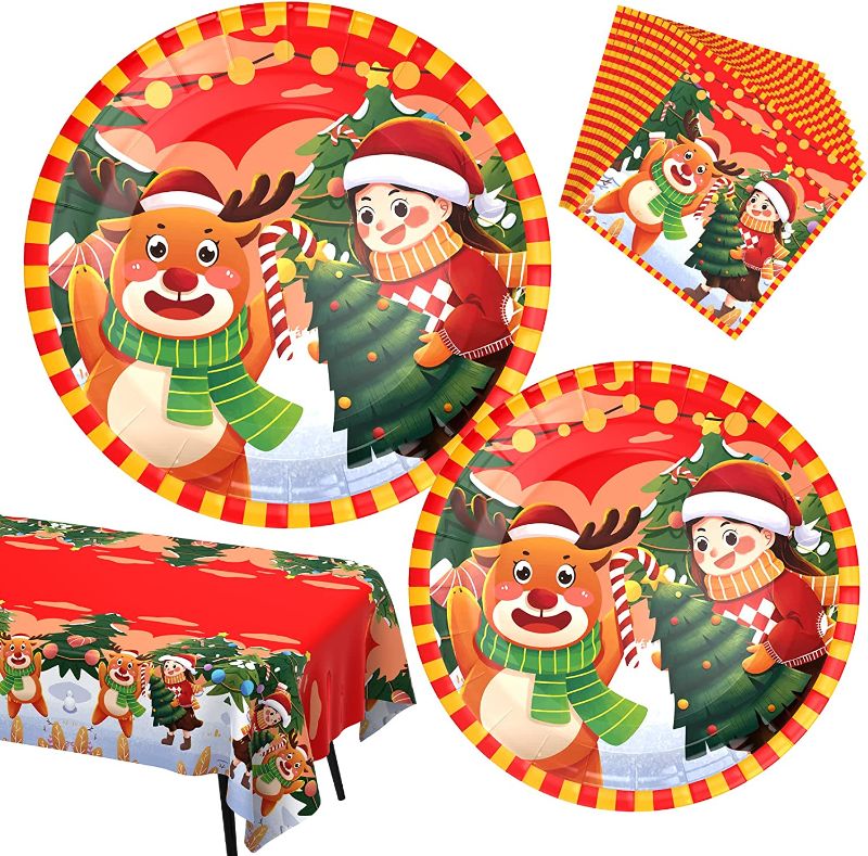 Photo 1 of Christmas Plates, Christmas Party Supplies, Christmas Party Decorations, 74 PCS Christmas Plates Dinnerware Disposable Set Includes Christmas Paper Plates and Napkins, Christmas Tablecloth, Serves 24
