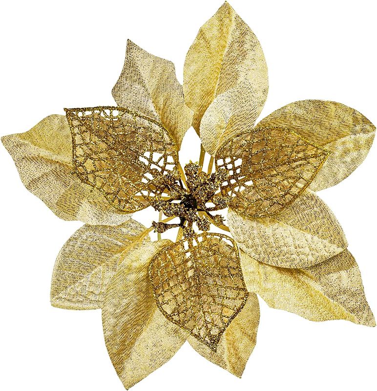 Photo 1 of 20 Set 8.8" Wide 3 Layers Christmas Gold Glitter Poinsettia Flowers Picks Christmas Tree Ornaments for Gold Christmas Tree Wreaths Garland Holiday Seasonal Festive Navidad Decoration Gift Box Included
