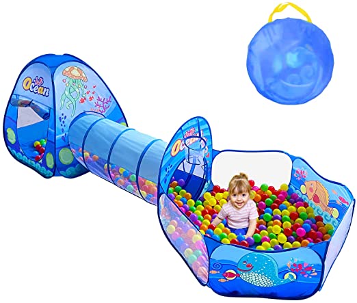 Photo 1 of 3PC Kids Play Tent with Ball Pit, Play Tunnel, Basketball Hoop for Boys & Girls, Toddler Pop Up Playhouse Toy for Baby Indoor/Outdoor, Birthday Gift for Year Old (Ocean Play Tent)
