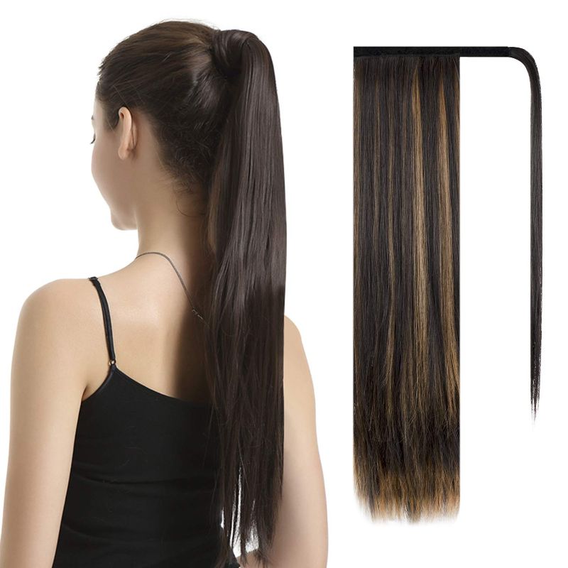 Photo 1 of BARSDAR 28 inch Ponytail Extension Long Straight Wrap Around Clip in Synthetic Fiber Hair for Women - Dark Brown mix Strawberry Blonde Unevenly
