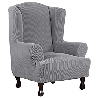 Photo 1 of 1 Piece Super Stretch Stylish Furniture Cover/Wingback Chair Cover Slipcover Spandex Jacquard Checked Pattern, Super Soft Slipcover Machine Washable/Skid Resistance (Wing Chair, Dove) (B086L4WR24)
