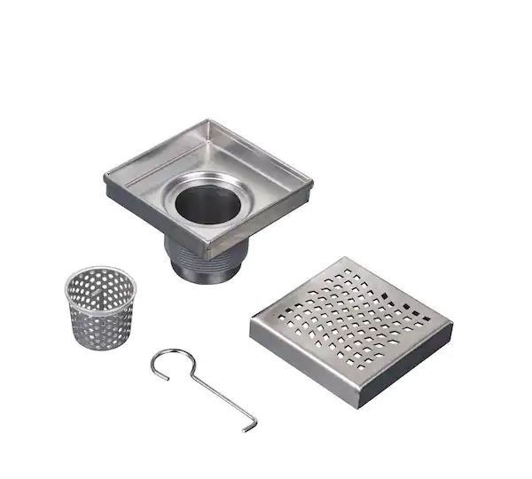 Photo 1 of  4 in. x 4 in. Stainless Steel Square Shower Drain with Wave Pattern Drain Cover