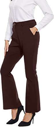 Photo 1 of FUNYYZO Women Bell Bottom Stretchy Work Pants Solid Elastic Waisted Flare Trousers with Pockets