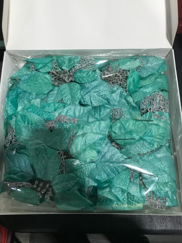 Photo 2 of 20 Set 8.7" Wide 3 Layers Christmas Teal Glitter Poinsettia Flowers Picks Christmas Tree Ornaments for Teal Christmas Tree Wreath Garland Seasonal Holiday Navidad Wedding Decorations Gift Box Included