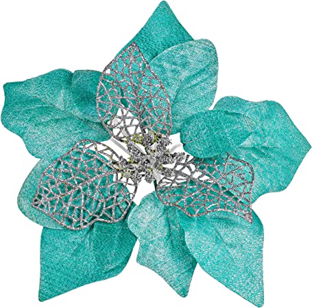 Photo 1 of 20 Set 8.7" Wide 3 Layers Christmas Teal Glitter Poinsettia Flowers Picks Christmas Tree Ornaments for Teal Christmas Tree Wreath Garland Seasonal Holiday Navidad Wedding Decorations Gift Box Included