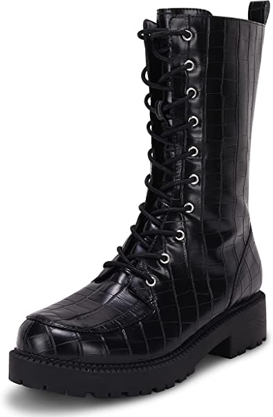 Photo 1 of Coutgo Womens Mid Calf Lace Up Boots Lug Sole Closed Toe Side Zipper Military Winter Combat Boot SIZE 8