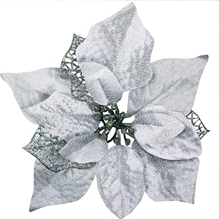 Photo 1 of 20 Set 8.7" Wide Christmas Silver Glitter Poinsettia Flowers Picks Christmas Tree Ornaments for White Silver Christmas Tree Wreaths Garland Holiday Seasonal Wedding Decor White Gift Box Included