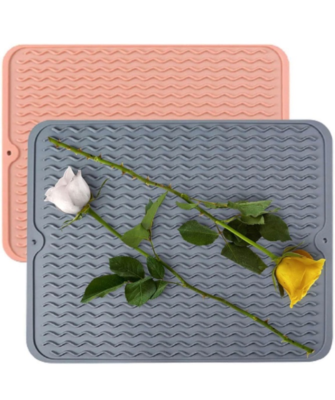 Photo 1 of [2 Pack] Silicone Dish Drying Mat, Heat-resistant Kitchen Drying Mat for Counter Silicone Drain Mat (16"x12", Pink+Grey)