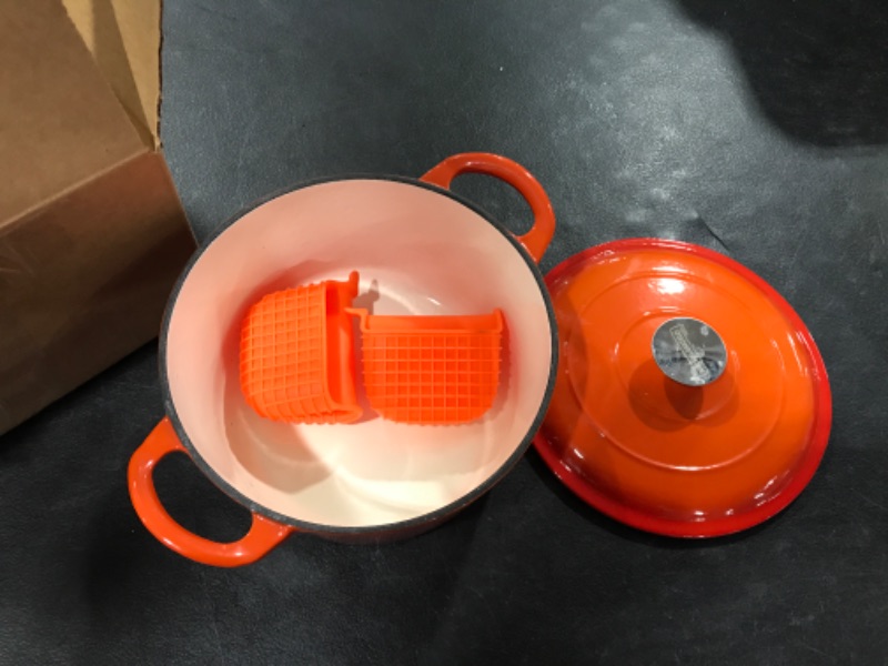 Photo 2 of MICHELANGELO Dutch Oven, Enamel Cast Iron Dutch Oven With Lid, 4Qt Cast Iron Dutch Oven Pot, Enameled Dutch Oven 4 Quart With Silicone Handles & Mat, Orange Orange 4 Quarts