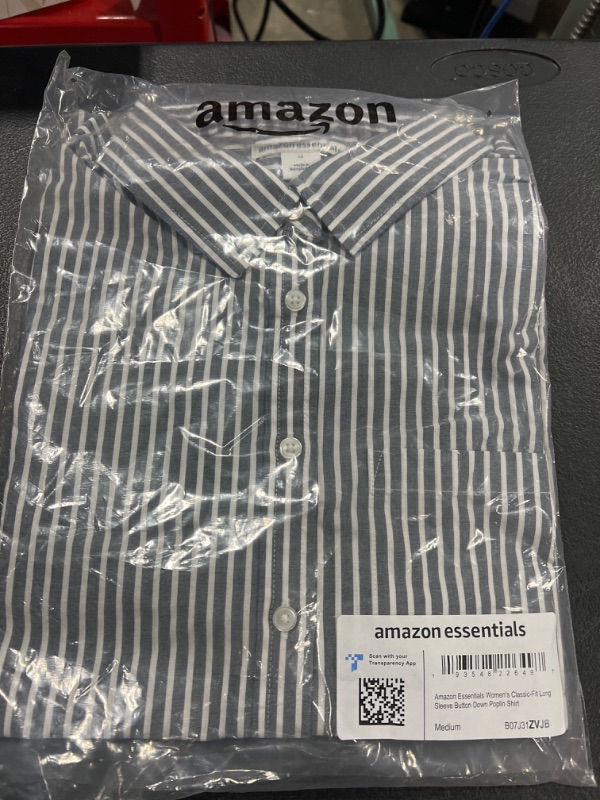 Photo 2 of Amazon Essentials Women's Classic-Fit Long-Sleeve Button-Down Poplin Shirt SIZE Medium Indigo, Stripe