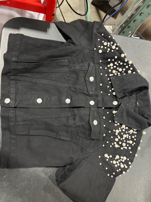 Photo 2 of Anienaya Women's Pearl Studded Jean Jacket Embroidered Rivet Pearl Short Cropped Denim Jacket Coat SIZE X-Small COLOR BLACK 