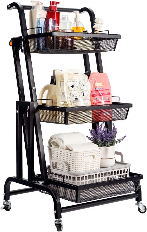 Photo 1 of 3 Tier Rolling Cart with Removable Baskets, Adjustable Metal Utility Cart with Wheels, Foldable Rolling Storage Cart Organizer for Laundry Room, Kitchen, Living Room (Black)

