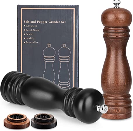 Photo 1 of  Wood Salt Pepper Grinder Set: Refillable Sea Salt & Peppercorn Mill Manual Grind Coarse Fine - Reusable Peppermill Shaker Adjustable Coarseness Black & Brown Acacia Wooden 9 Inch 