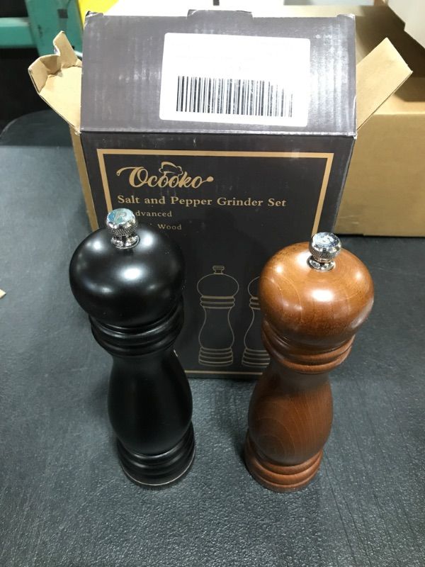 Photo 2 of  Wood Salt Pepper Grinder Set: Refillable Sea Salt & Peppercorn Mill Manual Grind Coarse Fine - Reusable Peppermill Shaker Adjustable Coarseness Black & Brown Acacia Wooden 9 Inch 