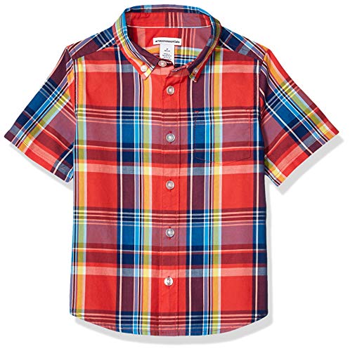 Photo 1 of Amazon Essentials Toddler Boys' Short-Sleeve Woven Poplin Chambray Button-Down Shirt, Red, Madras, 4T