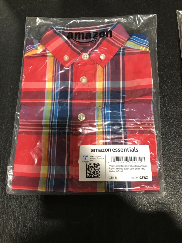 Photo 2 of Amazon Essentials Boys and Toddlers' Short-Sleeve Woven Poplin Chambray Button-Down Shirt X-Small Red, Madras