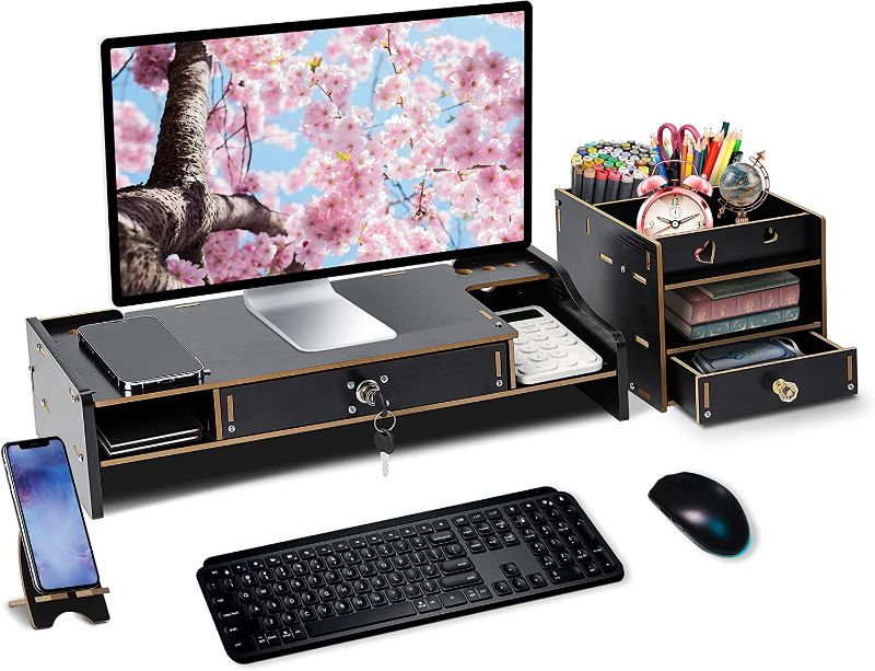 Photo 1 of Monitor Stand,With Storage Compartment,multifunctional Storage, Storage Drawer (With Lock),improve Monitor Viewing Angle,Comfortable Office,Improve Work Efficiency,Suitable For Various Monitors (Black Wood Grain)
