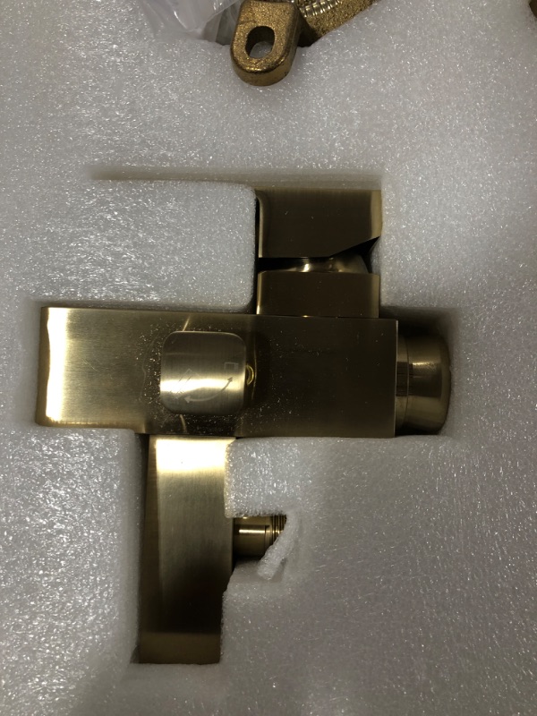 Photo 1 of BESy Freestanding Bathtub Faucet Waterfall Tub Filler Brushed Gold Floor Mount Brass Single Handle Bathroom Tub Faucets with 2 Function Hand Shower Wand
