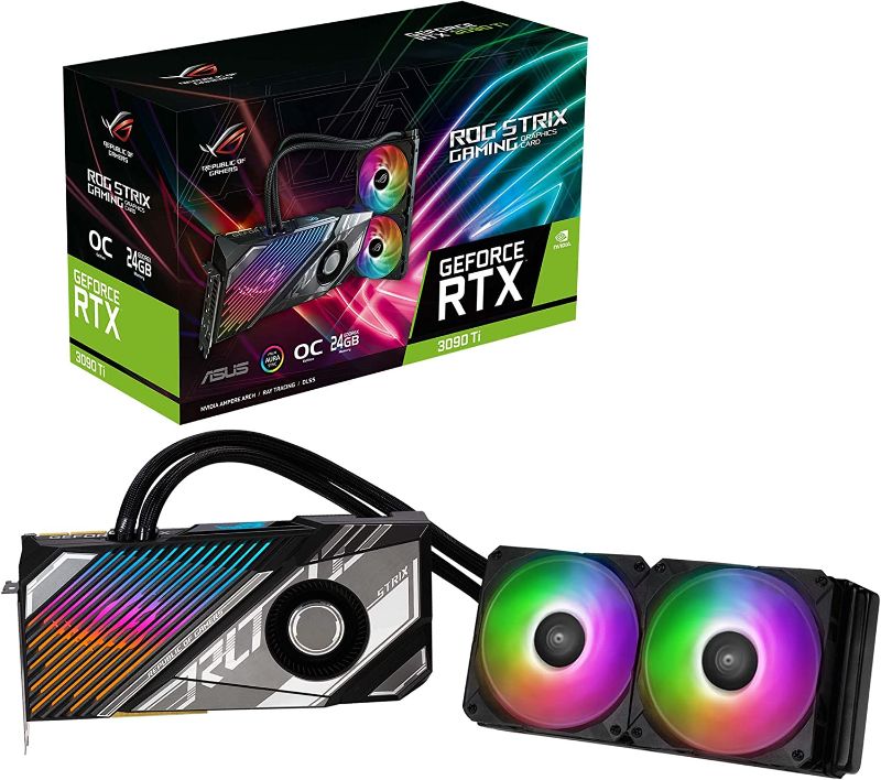 Photo 1 of ASUS ROG Strix LC NVIDIA GeForce RTX 3090 Ti OC Edition Gaming Graphics Card (PCIe 4.0, 24GB GDDR6X, HDMI 2.1, DisplayPort 1.4a, Full-Coverage Cold Plate,...
