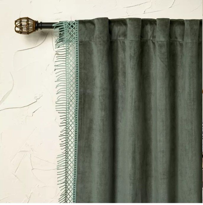 Photo 1 of 1pc 54"x84" Light Filtering Velvet Macrame Trim Window Curtain Panel - Opalhouse™ Designed with Jungalow™