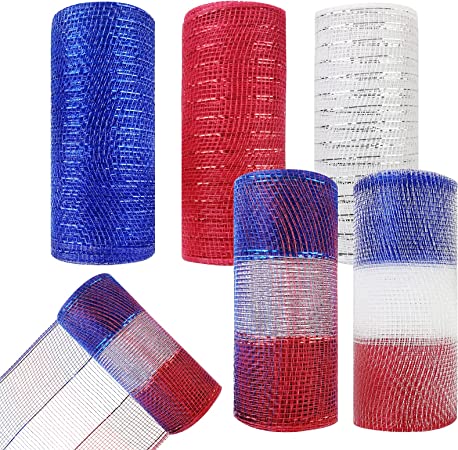 Photo 1 of 5 Rolls Patriotic Mesh Metallic Foil Ribbon Red White Blue Mesh Rolls 4th of July Poly Mesh Ribbon Deco Metallic for DIY Patriotic Crafting Wreaths Party Decorations Wrapping Gift Craft, 5 Colors pack of 3 