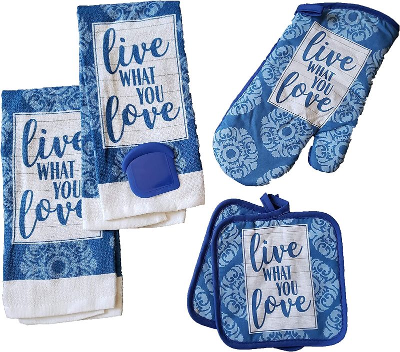 Photo 1 of 5-piece set of colorful kitchen towels with 2 dish towels, 2 potholders and 1 oven mitt