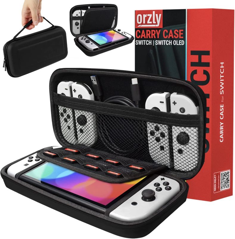 Photo 1 of Orzly Carry Case Compatible with Nintendo Switch and New Switch OLED Console - Black Protective Hard Portable Travel Carry Case Shell Pouch with Pockets for Accessories and Games
