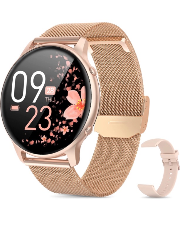 Photo 1 of Smart Watches for Women, 2022 All-New SmartWatch for Android Phones and iPhone with Stainless Steel Band, 3ATM Waterproof Fitness Tracker with Sleep, Heart Rate, Blood Oxygen Monitor, Rose Gold **unable to test no charger**