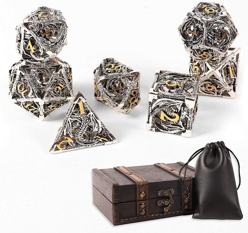 Photo 1 of AncientDeer 7pcs Metal Dice Set D&D, Unique New Dragon Pattern DND Metal Dice Set, Used for Dungeons and Dragons Role Playing Game(RPG),MTG,Pathfinder,Table Game,Board Games
