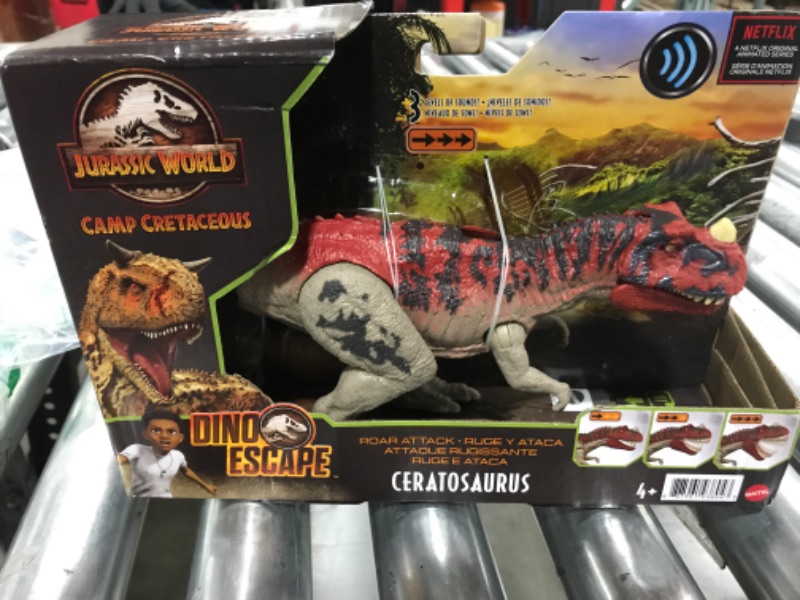 Photo 2 of Jurassic World Roar Attack Ceratosaurus Camp Cretaceous Dinosaur Figure with Movable Joints, Realistic Sculpting, Strike Feature & Sounds, Carnivore, Kids Gift 4 Years & Up