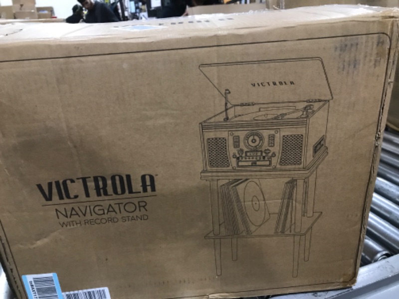 Photo 1 of Victrola 8-in-1 Bluetooth Record Player & Multimedia Center, Built-in Stereo Speakers - Turntable, Wireless Music Streaming with Stand, Real Wood | Mahogany Mahogany Entertainment Center + Wooden Stand