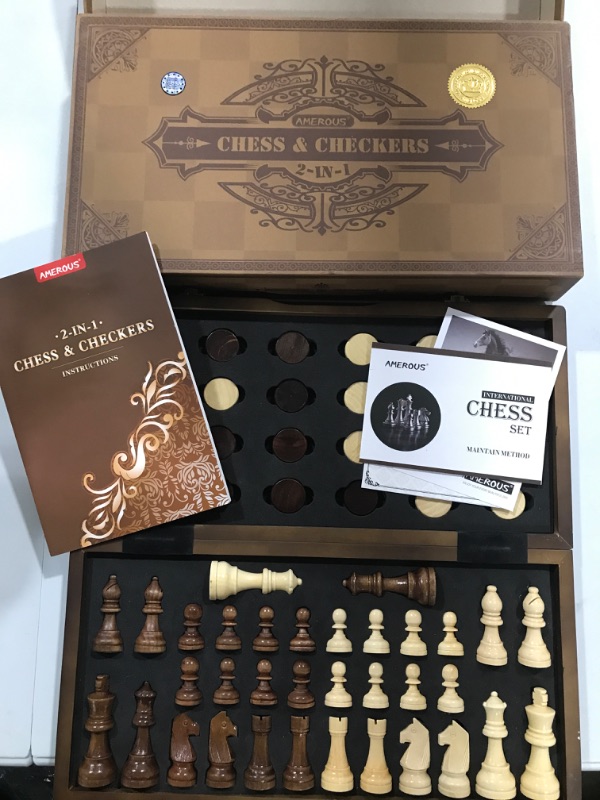 Photo 2 of AMEROUS 15 Inches Magnetic Wooden Chess & Checkers Set (2 in 1) - Folding Board -Gift Box Packed -24 Cherkers Pieces -2 Extra Queens - Chessmen Storage Slots, Beginner Chess Set for Kids and Adults
